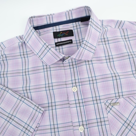Greg Norman Performance Stretch Plaid Short Sleeve Button Up Shirt Purple Mens L - Picture 1 of 7
